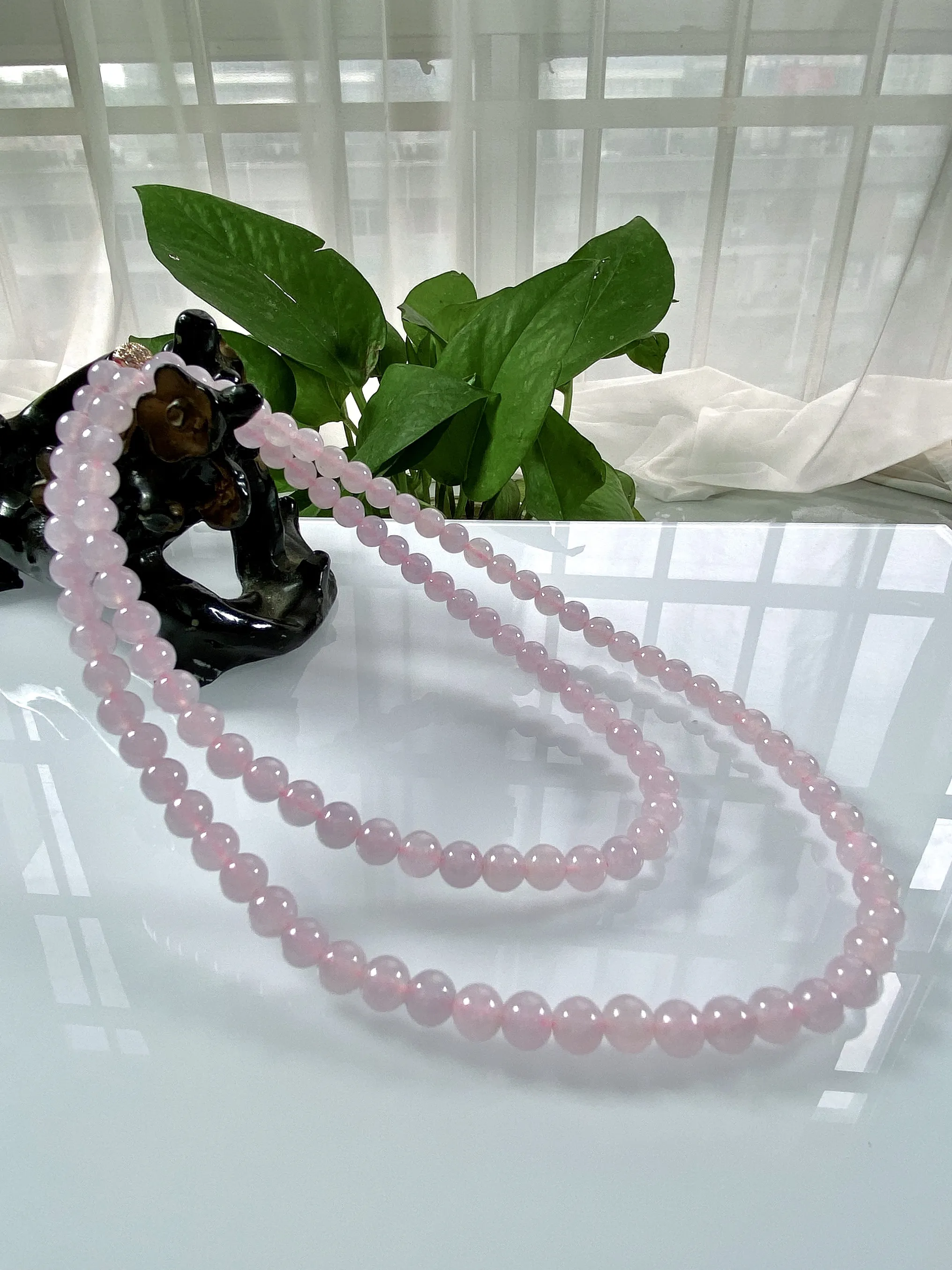 缅甸天然翡翠A货，卡6冰种起胶浅粉色圆珠项链手链，尺寸：6mm/108颗，长度610mm，重量：39