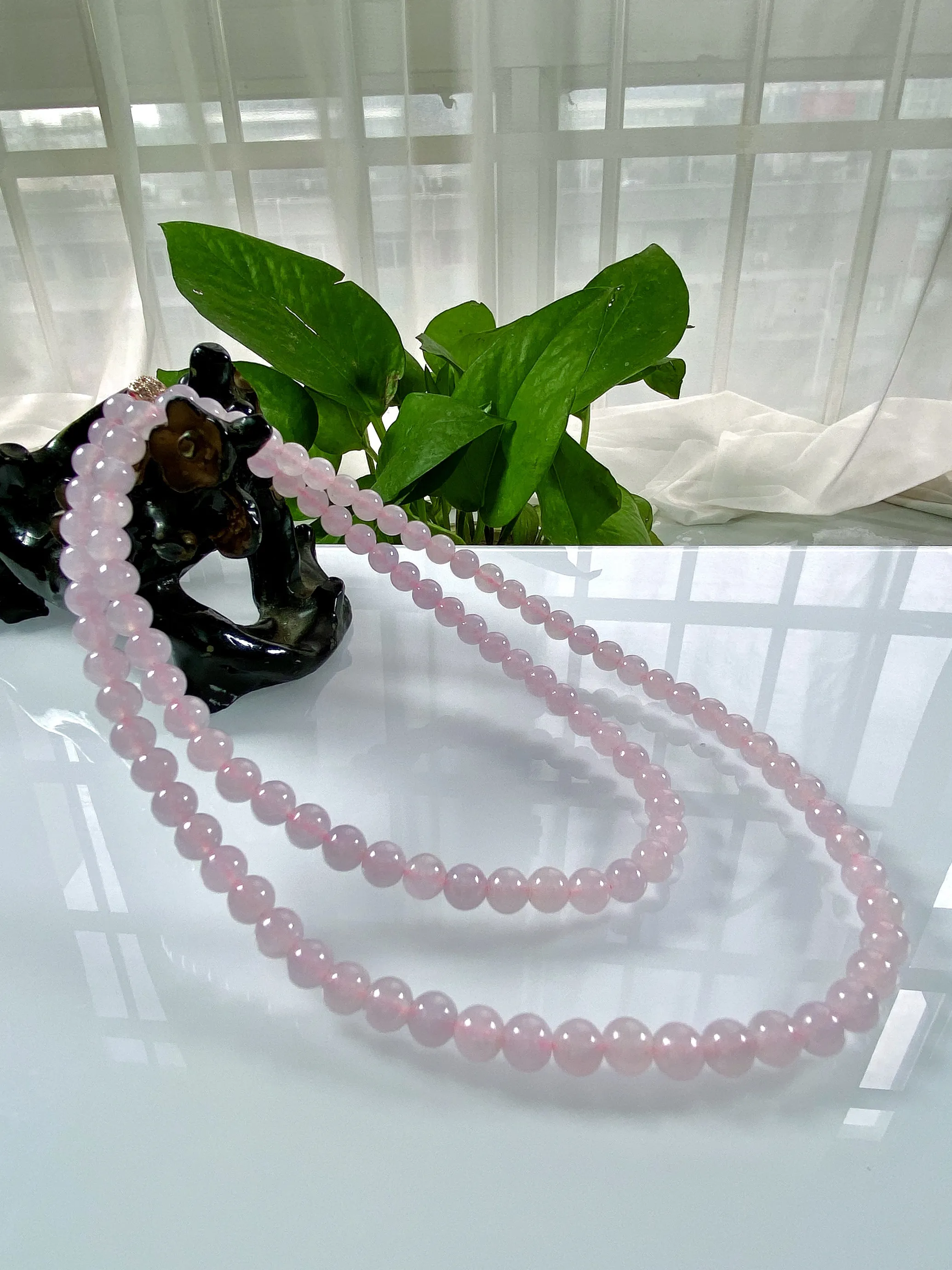 缅甸天然翡翠A货，卡6冰种起胶浅粉色圆珠项链手链，尺寸：6mm/108颗，长度610mm，重量：39