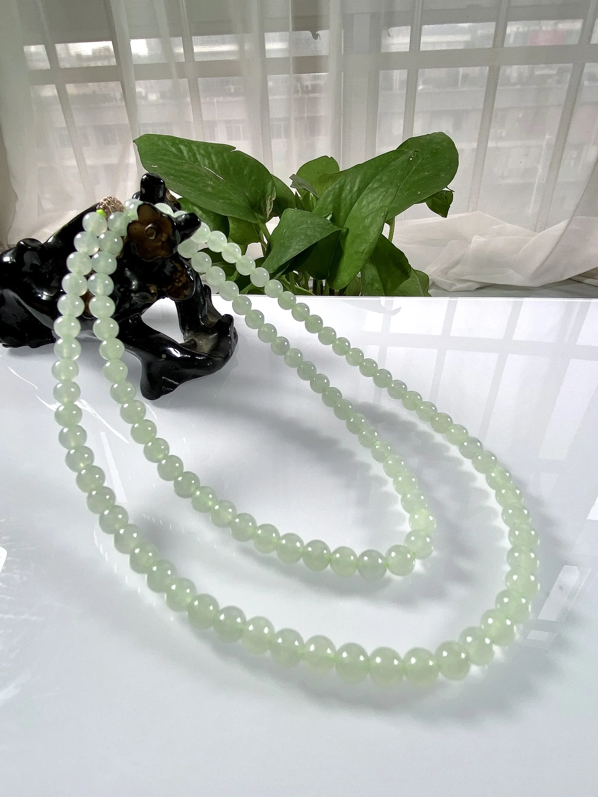 缅甸天然翡翠A货，卡6冰种起胶浅色冰晴圆珠项链手链，尺寸：6mm/108颗，长度610mm，重量：3