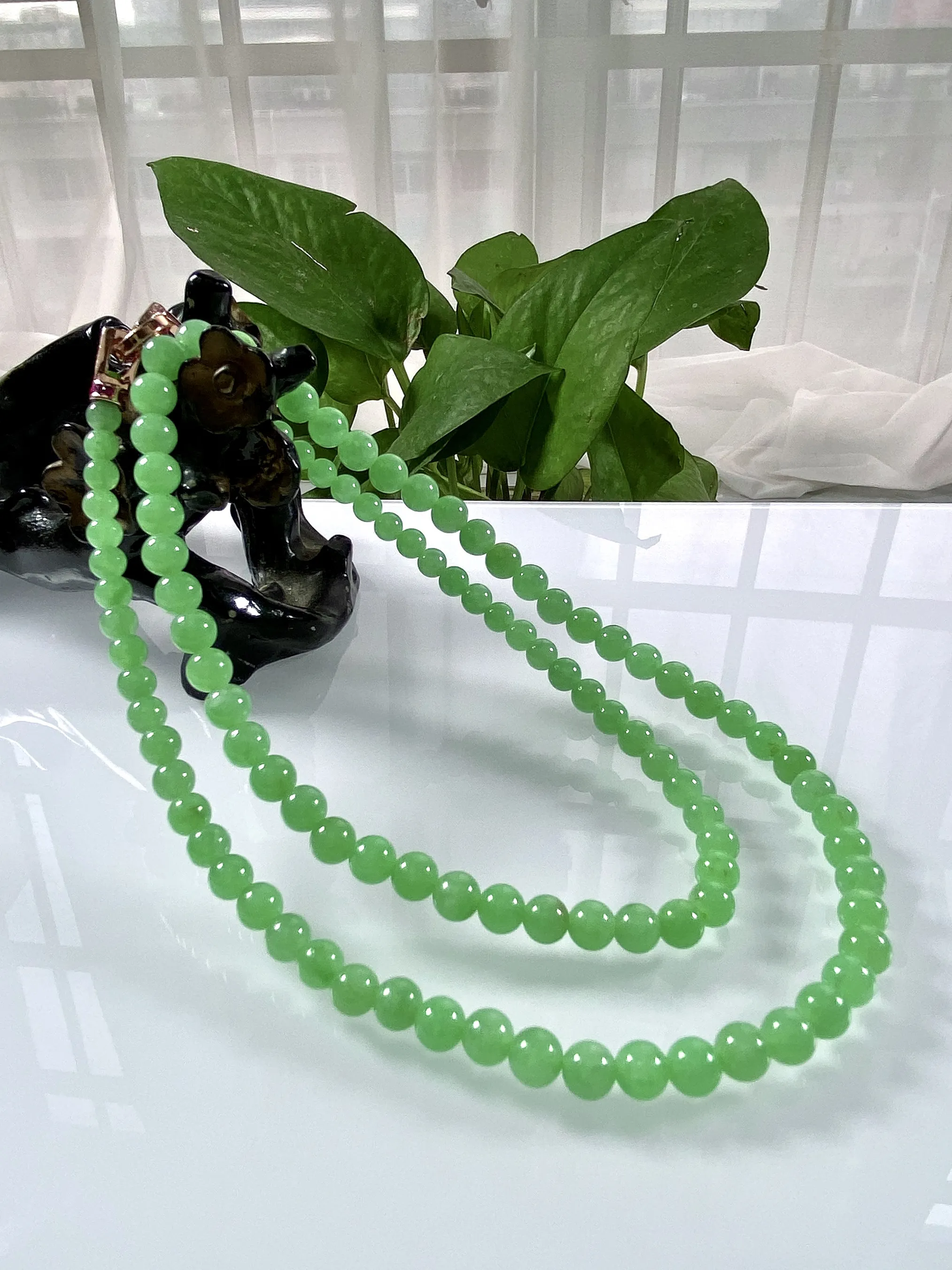 缅甸天然翡翠A货，卡6.5冰种起胶满绿果阳绿塔珠圆珠项链手链，尺寸：大珠6.5mm，小珠4.5/10