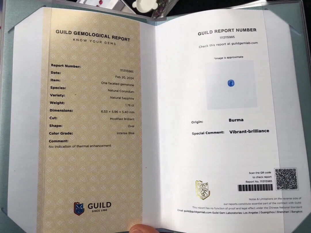天然缅甸蓝宝石，撞色，1.38ct1.76ct、颜色艳丽，火彩闪，附GUILD证书