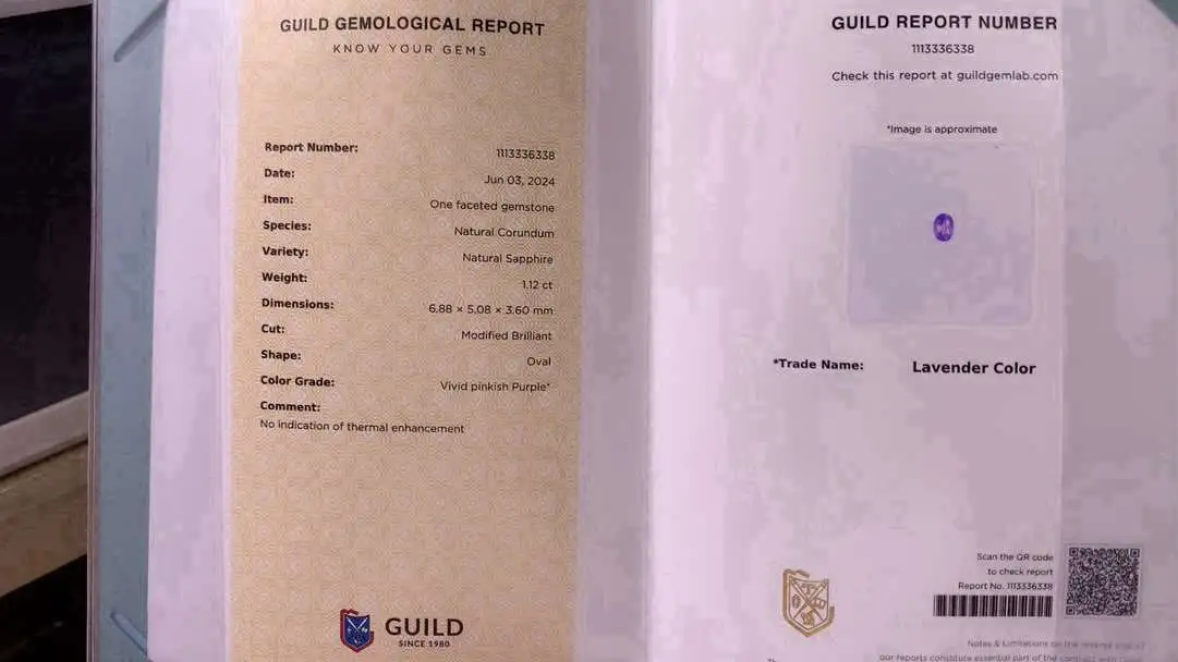 GUILD紫蓝宝1.12ct 漂亮熏衣草颜色  干净通透玻璃晶体 火彩闪耀 台面大 不漏底！