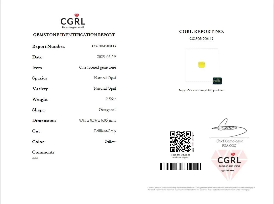 2.56克拉CGRL天然荧光笔黄欧泊裸石，，8.81×8.76×6.05mm，颜色稀少，且遇且珍惜！编号：CS23061900143