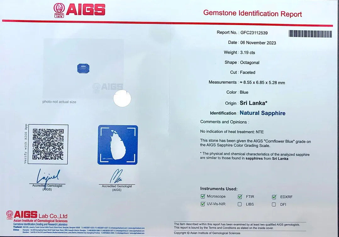 3.19克拉AIGS天然无烧矢车菊蓝宝石裸石，斯里兰卡，8.55×6.85×5.28mm，肉眼干净，火彩好。编号：GFC23112539