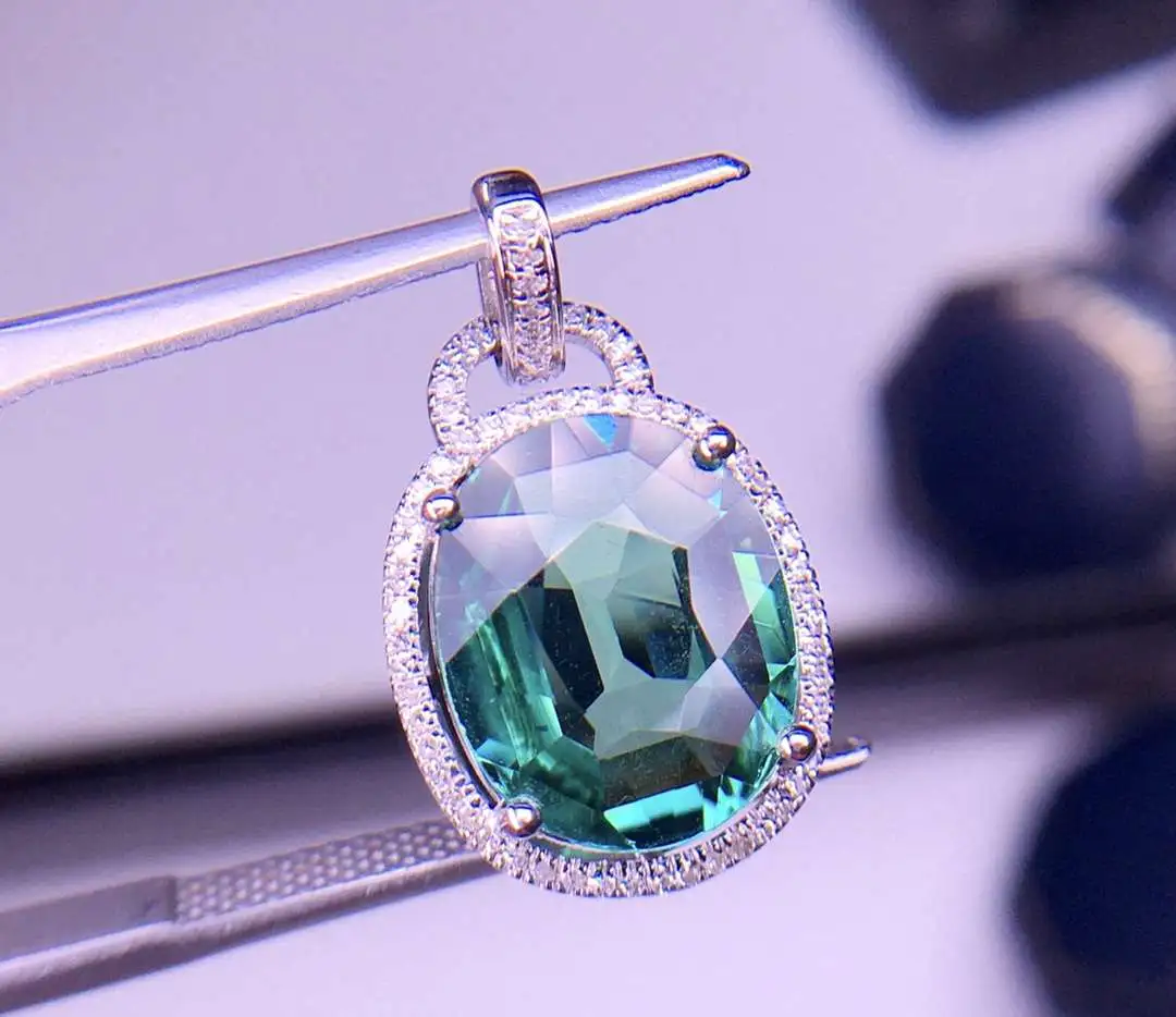 天然蓝碧玺吊坠21.2*11.8*6主石11.5*9.2 宝石约4.9ct  18k白金