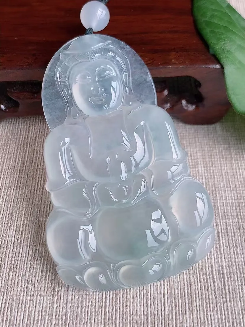 天然A货翡翠白月光大正装观音吊坠尺寸68.2×43.2×6.2m量33.07g 0316