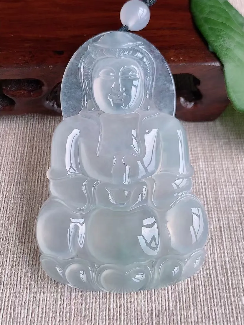 天然A货翡翠白月光大正装观音吊坠尺寸68.2×43.2×6.2m量33.07g 0316