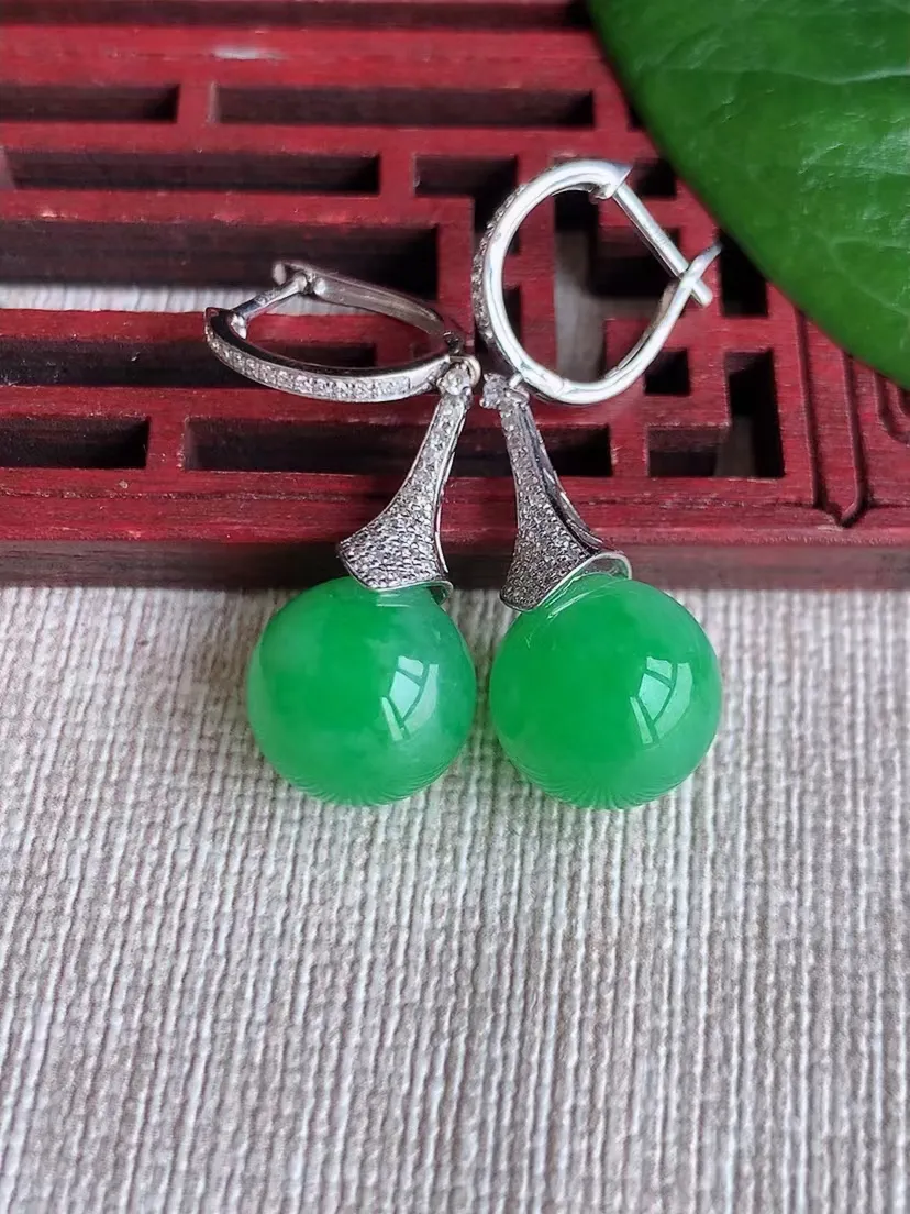 天然A货翡翠18K金伴钻镶嵌阳绿圆珠转运珠耳坠 尺寸10.8mm 重量7.09g 0316