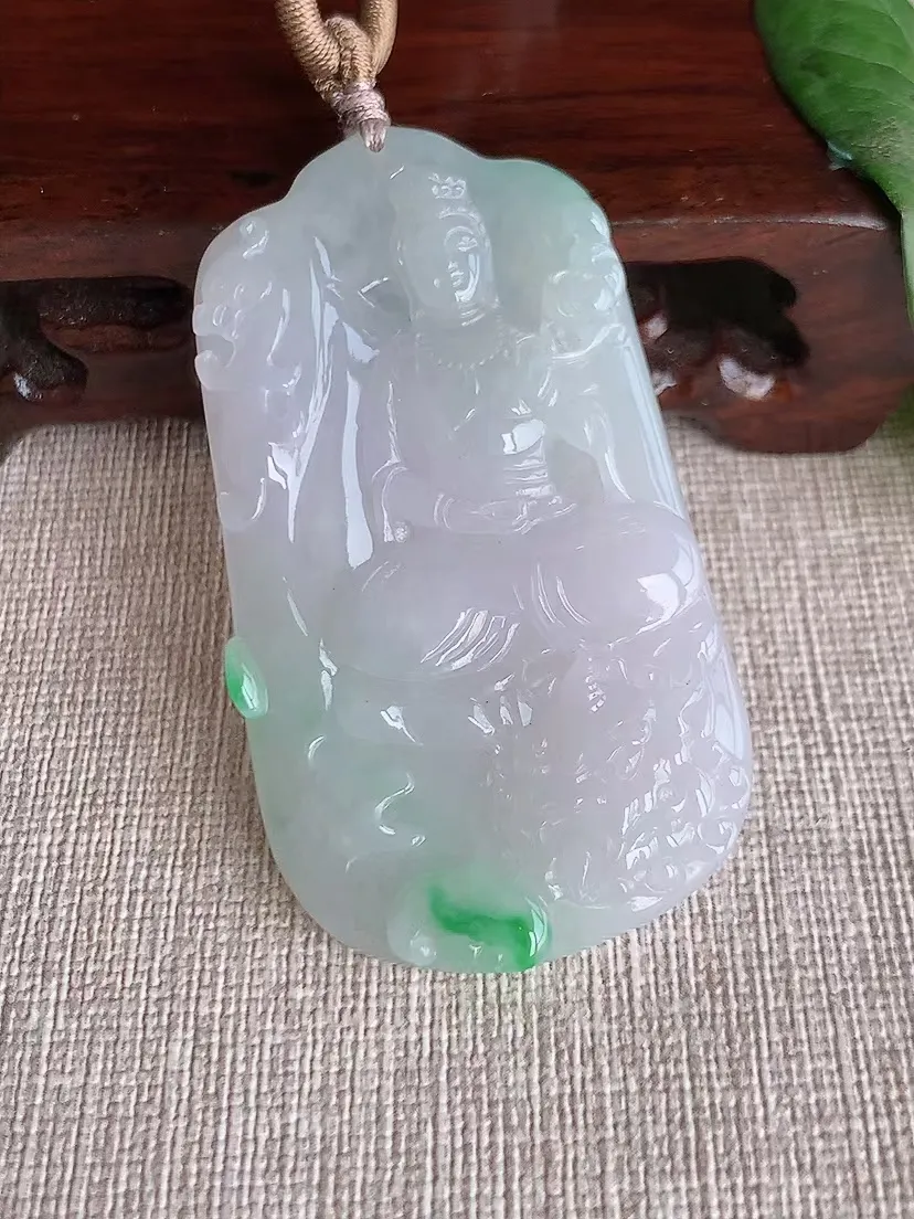 天然A货翡翠飘绿文殊菩萨吊坠尺寸58×32.8×5.7m量27.18g 0322