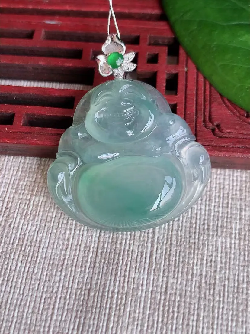 天然A货翡翠18K金扣头晴水佛公吊坠尺寸37.6×28.6×31.3×6.3m量9.67g 0322