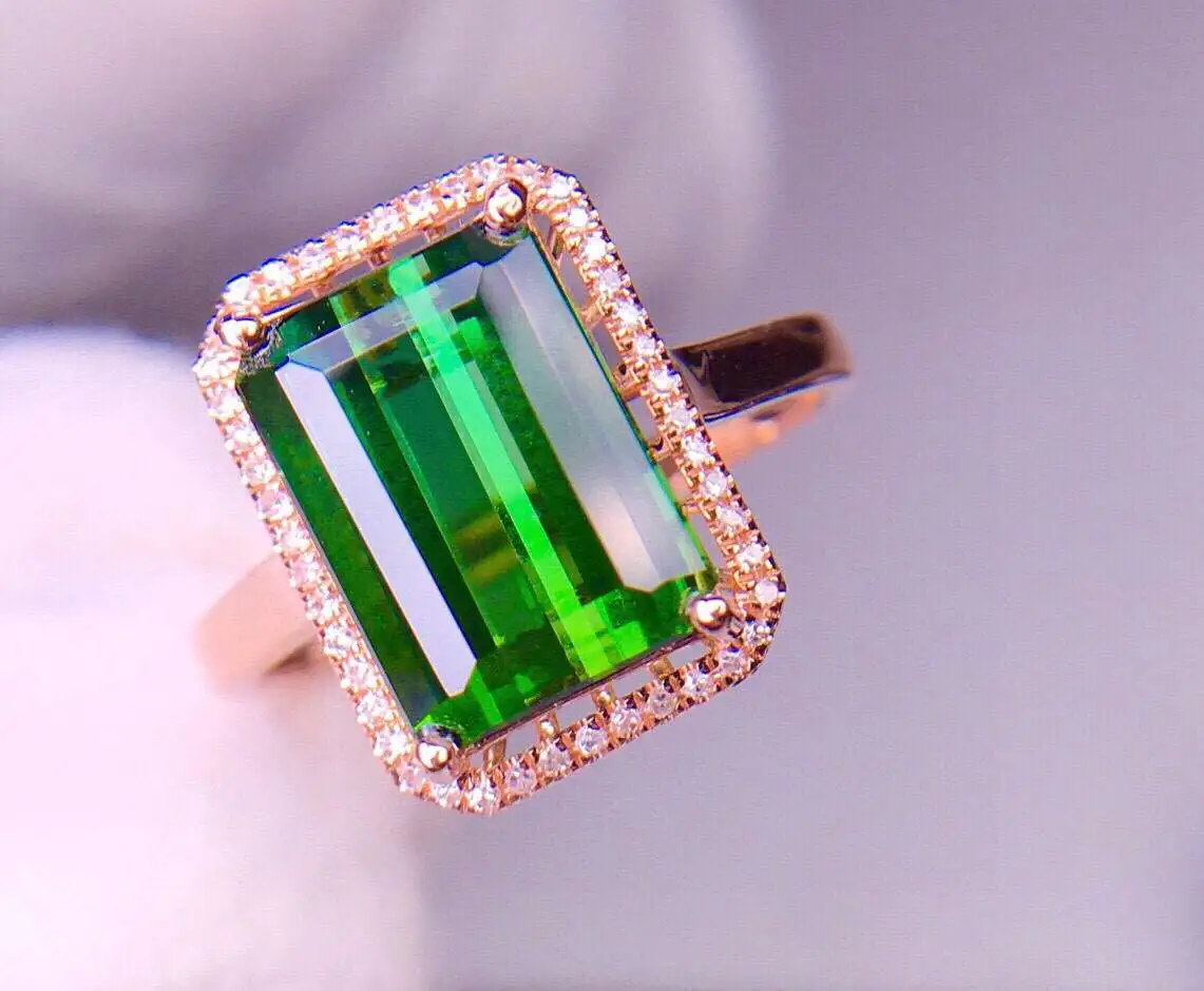天然绿碧玺戒指 主石11.5*7.8 宝石约4.1ct 18K玫瑰金