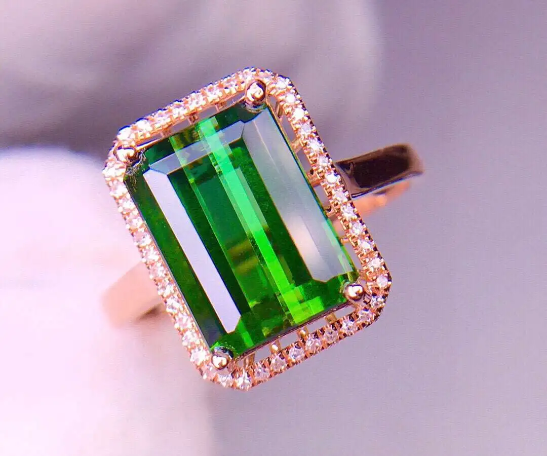 天然绿碧玺戒指 主石11.5*7.8 宝石约4.1ct 18K玫瑰金
