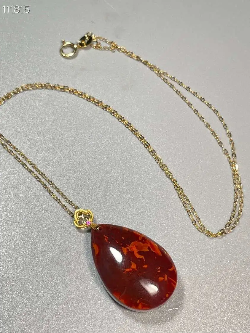  JYZ 精品 瓦西料南红【水滴】项链 吊坠。色彩艳丽，牛血红，带火焰，18k金扣头镶嵌，非常难得，规格约：26*17.5*8.5mm