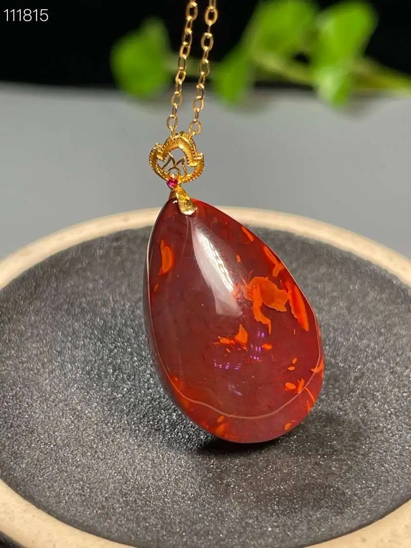  JYZ 精品 瓦西料南红【水滴】项链 吊坠。色彩艳丽，牛血红，带火焰，18k金扣头镶嵌，非常难得，规格约：26*17.5*8.5mm