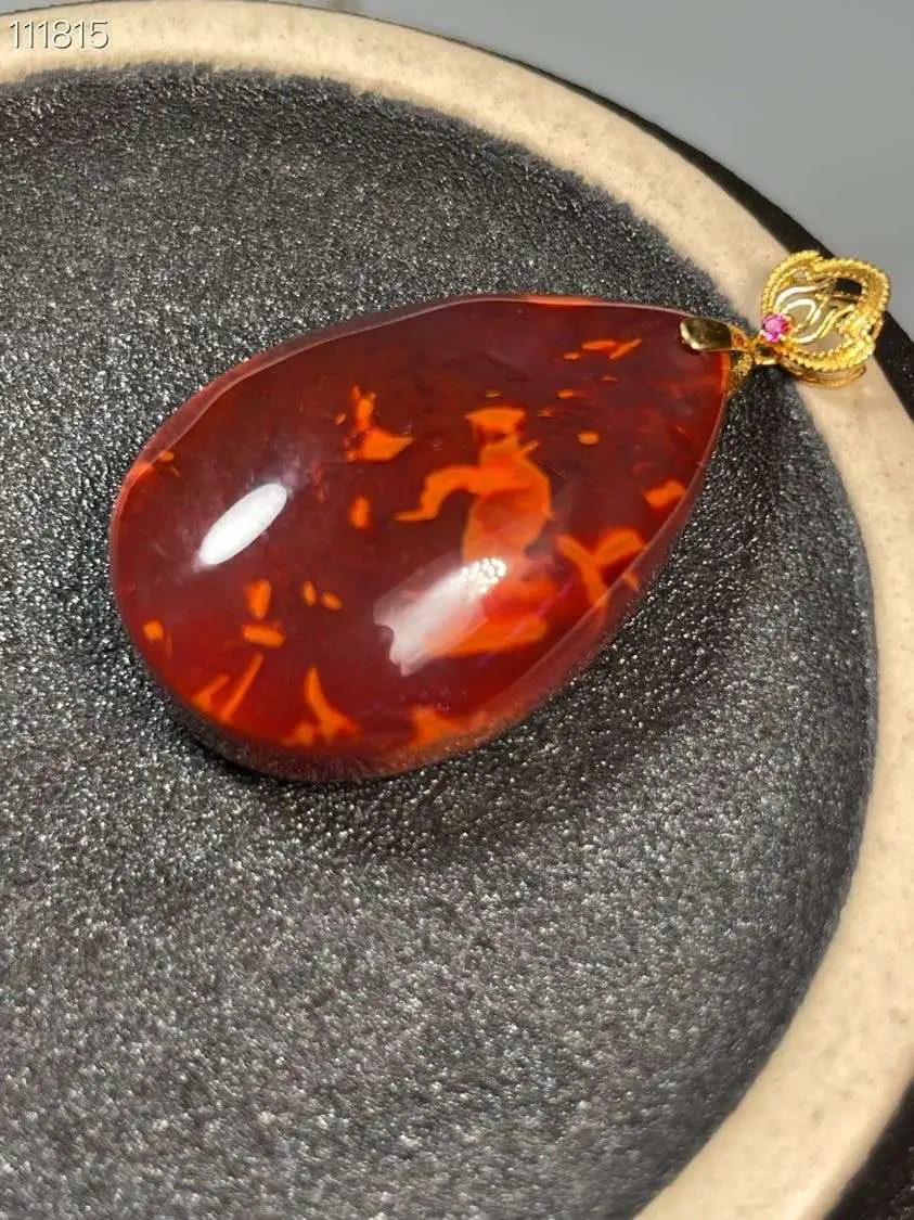 JYZ 精品 瓦西料南红【水滴】项链 吊坠。色彩艳丽，牛血红，带火焰，18k金扣头镶嵌，非常难