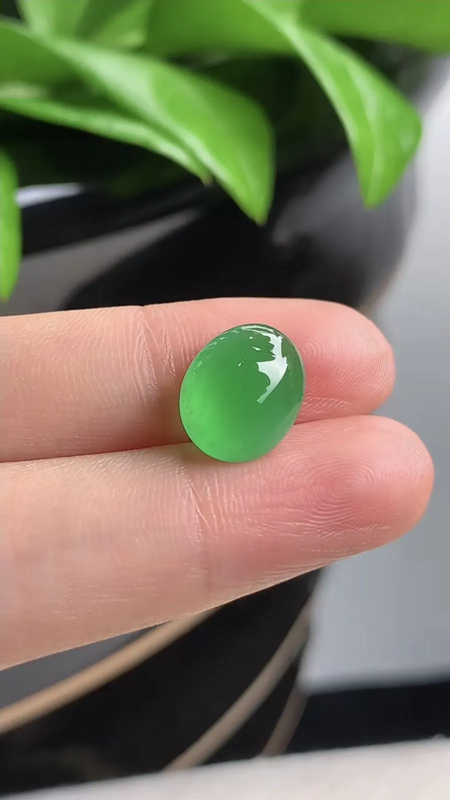 a货翡翠老坑冰种阳绿蛋面镶嵌件 尺寸12×9.4×5.2mm