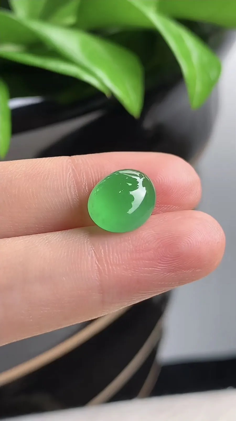 a货翡翠老坑冰种阳绿蛋面镶嵌件 尺寸12×9.4×5.2mm
