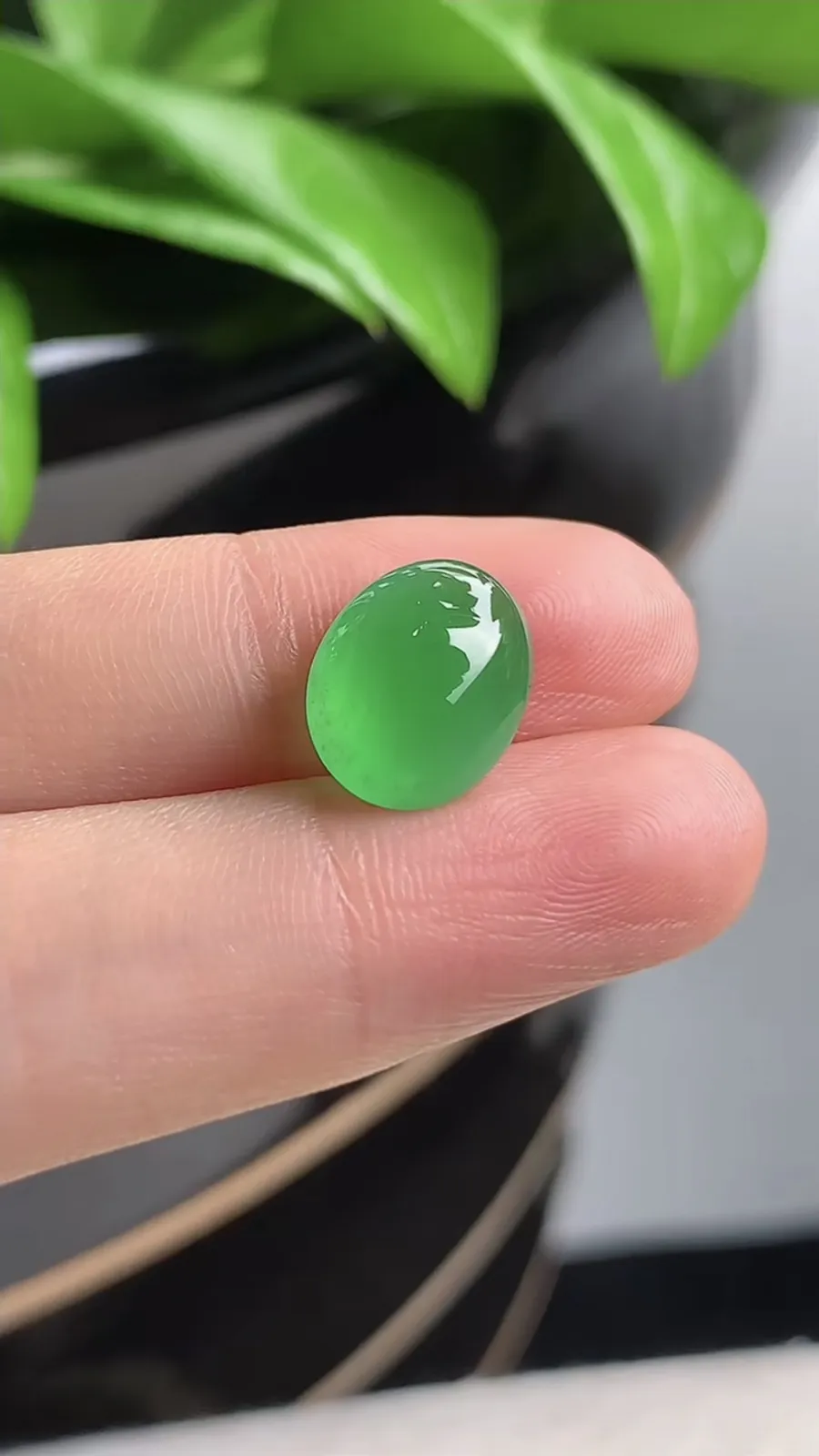 a货翡翠老坑冰种阳绿蛋面镶嵌件 尺寸12×9.4×5.2mm