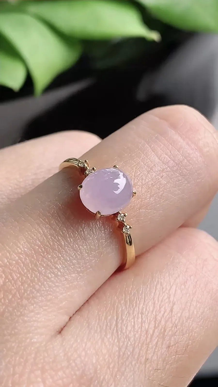 a货翡翠老坑冰种18K金镶嵌紫罗兰蛋面戒指 圈口17.5mm 裸石尺寸7.4×6.3mm