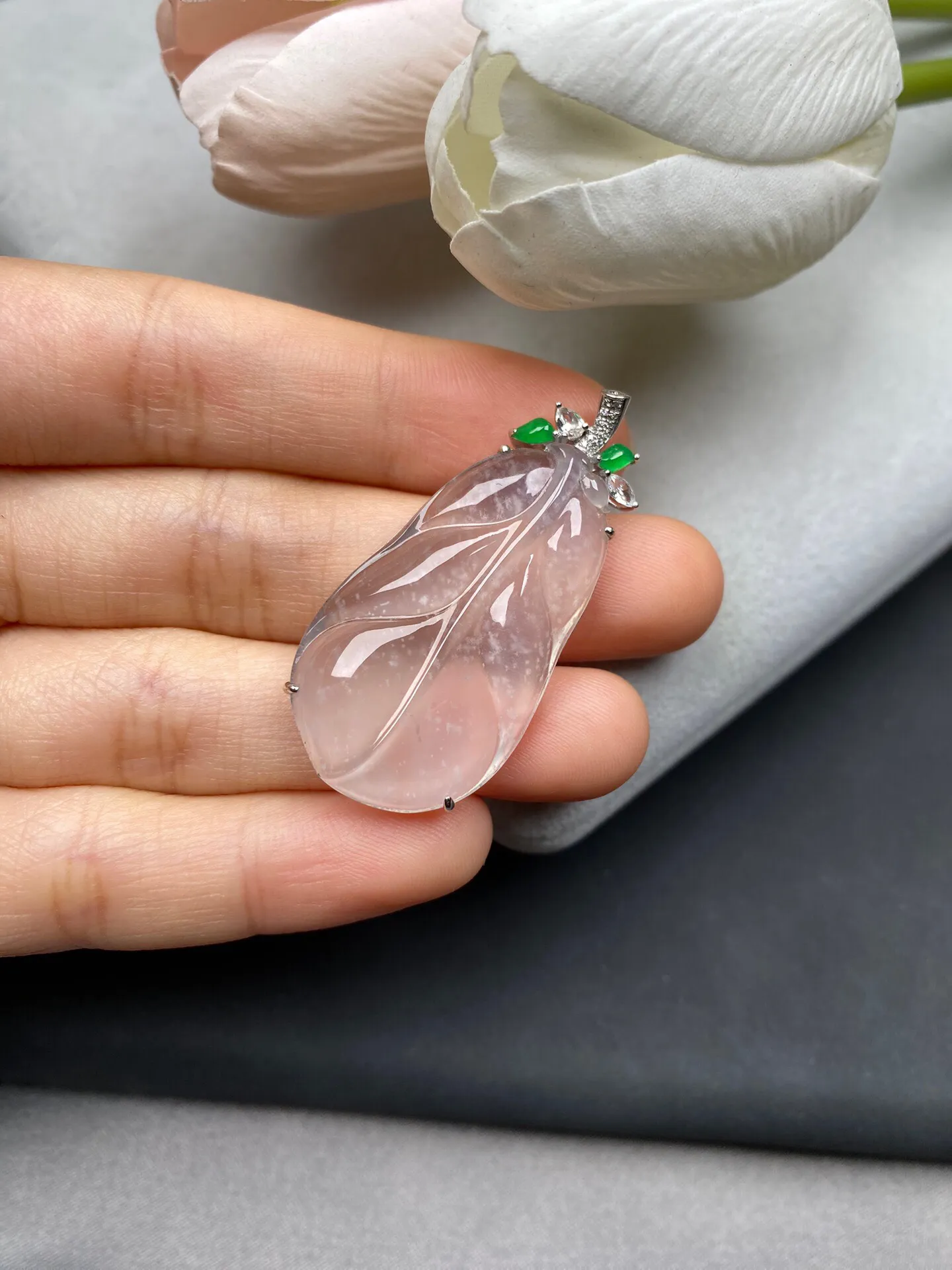 老坑高冰种起胶叶子吊坠 整体44.3-21.4-6.4裸石37.3-21.4-4.2毫米