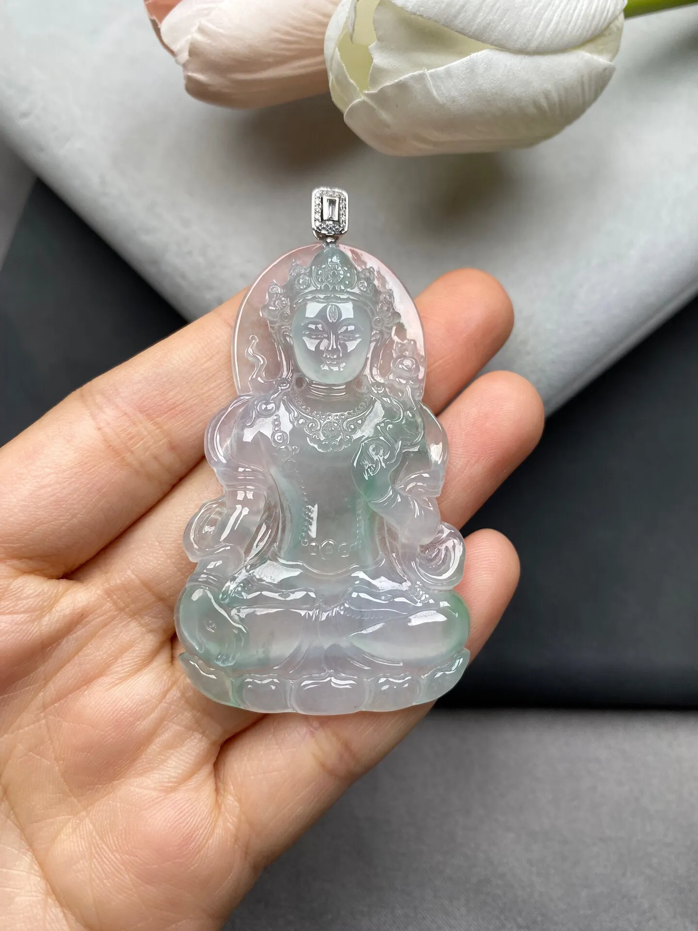 老坑冰种飘绿度母吊坠 裸石63-38.8-5.8毫米