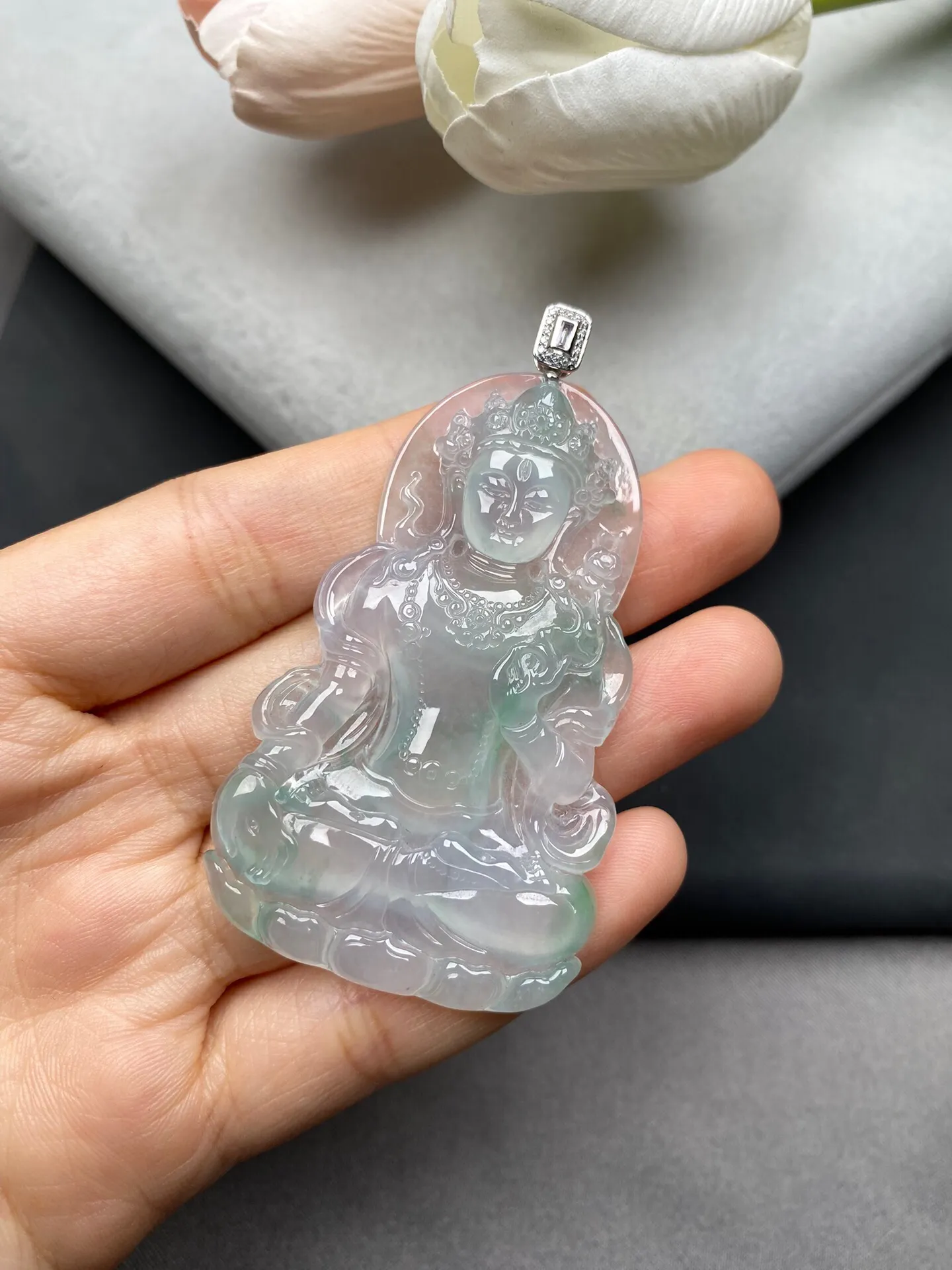 老坑冰种飘绿度母吊坠 裸石63-38.8-5.8毫米