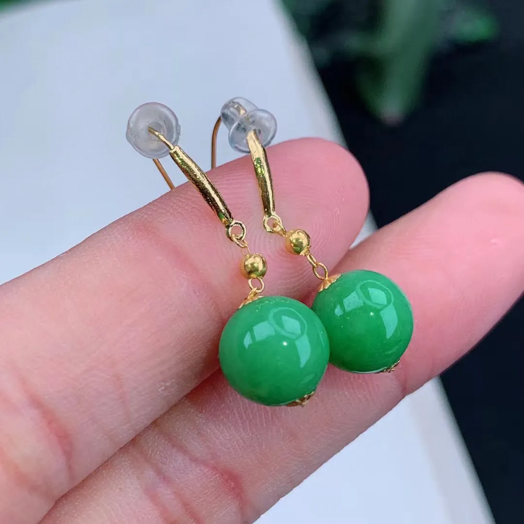 缅甸天然翡翠A货 18k金镶嵌 老坑料起胶冰润 满绿圆珠耳坠 尺寸9.2mm  y  3.33