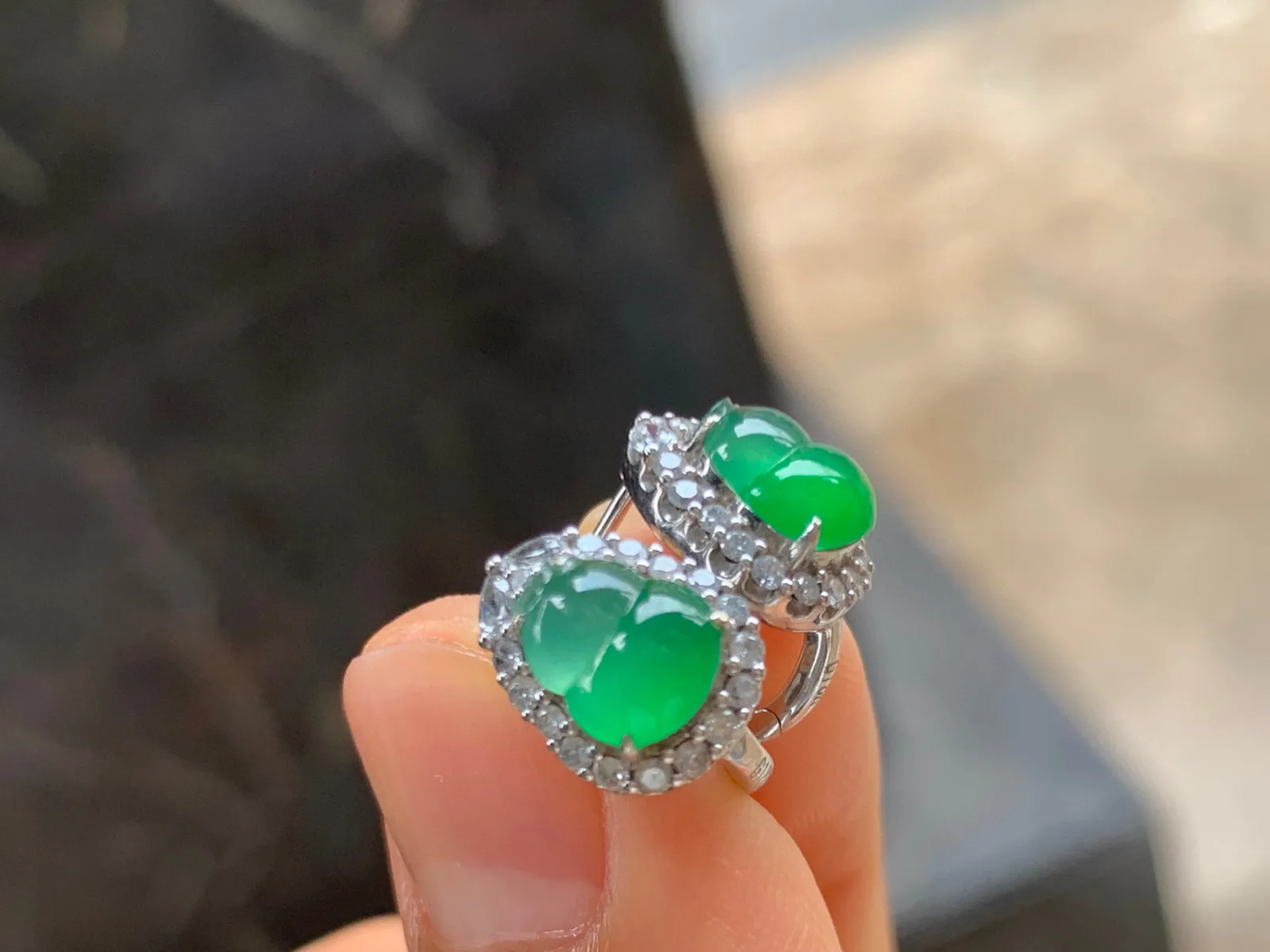冰绿葫芦耳扣 18K金镶嵌