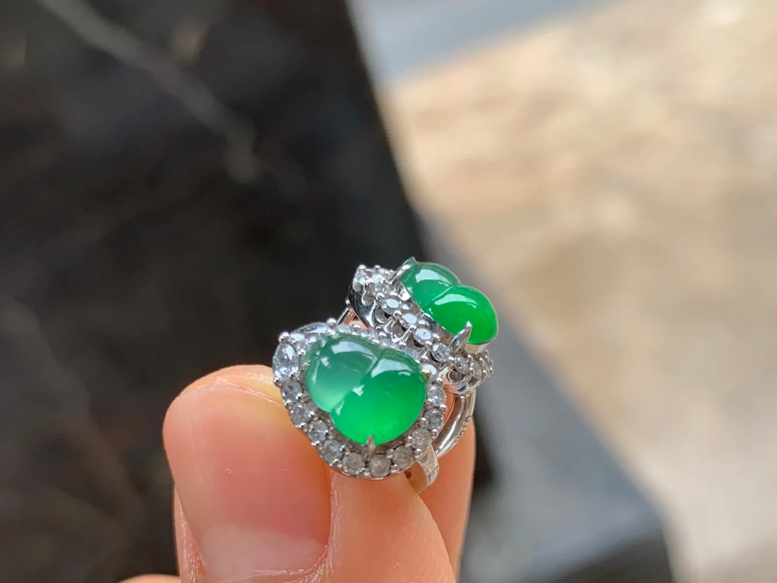 冰绿葫芦耳扣 18K金镶嵌