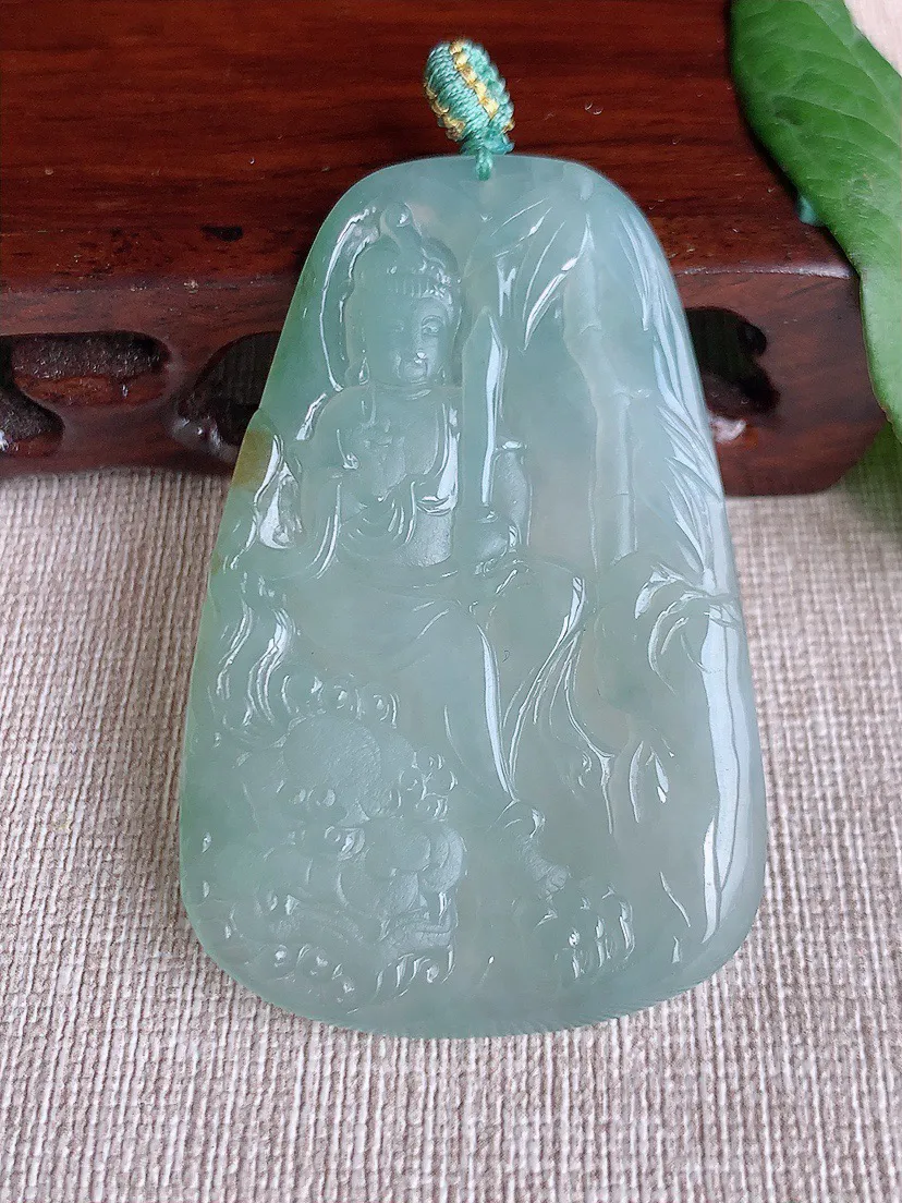 缅甸a货翡翠ddj老坑冰种飘黄翡文殊菩萨吊坠 整体59.7×38.4×5.3mm 26.72