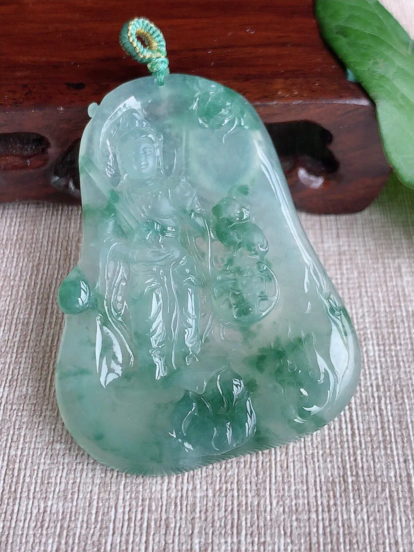 缅甸a货翡翠ddj老坑冰种飘花文殊菩萨吊坠 整体57×42.4×5mm 25.11