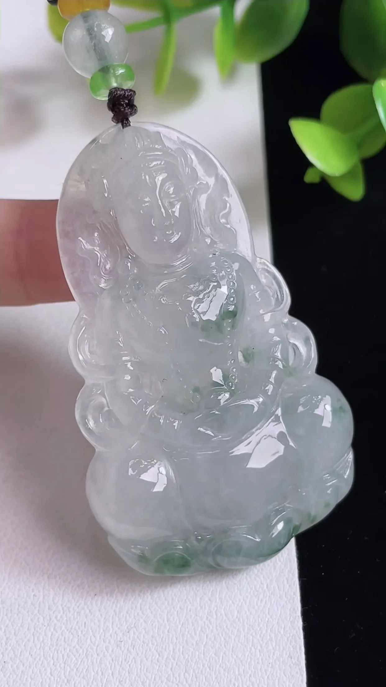 缅甸天然翡翠a货 老坑料起胶冰种 飘花度母观音吊坠，尺寸56.5-35.3-6.6mm  y  20