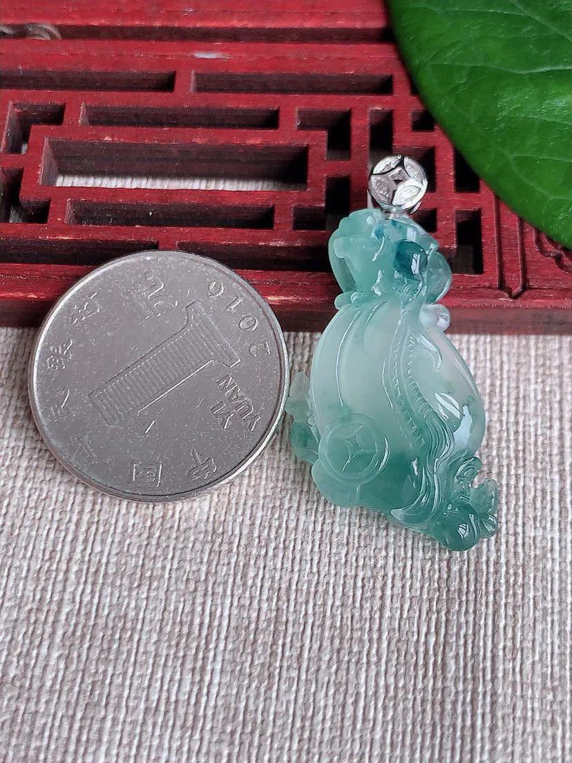 缅甸a货翡翠ddj老坑冰种18K金扣头飘花福袋代代有钱吊坠 整体39.5×32.8×18.2×7.5mm 6.73