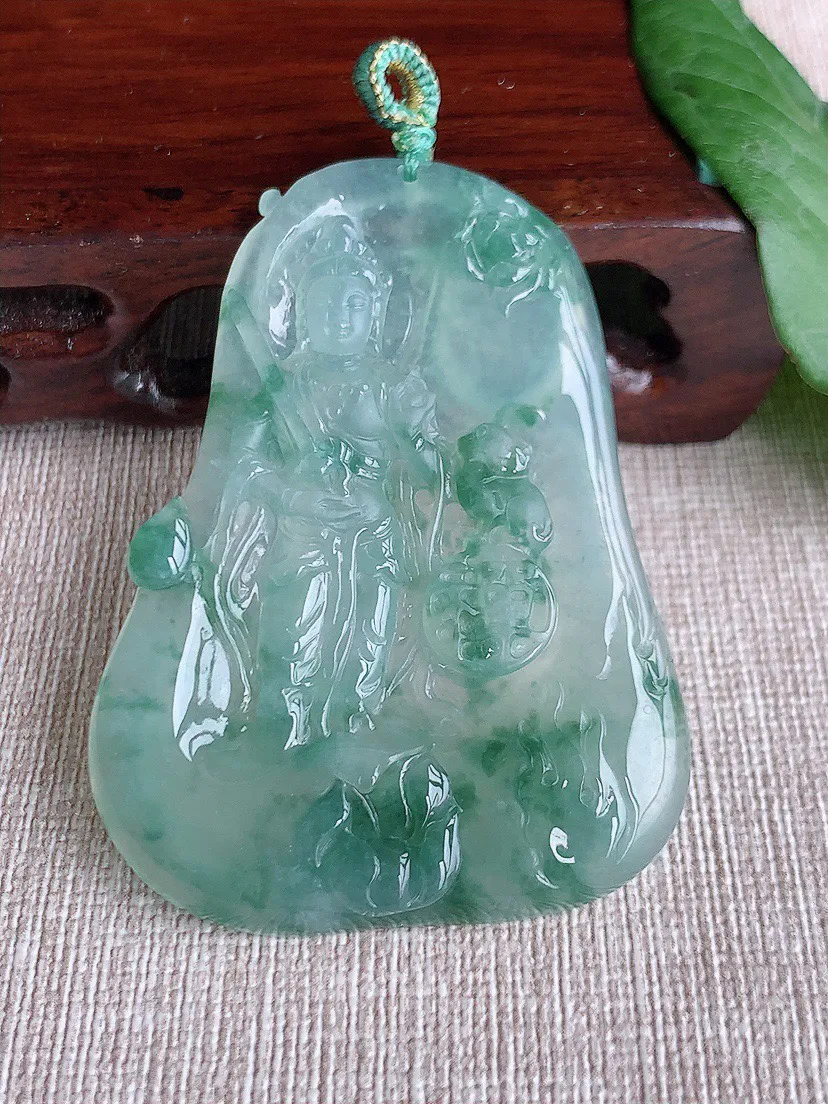 缅甸a货翡翠ddj老坑冰种飘花文殊菩萨吊坠 整体57×42.4×5mm 25.11