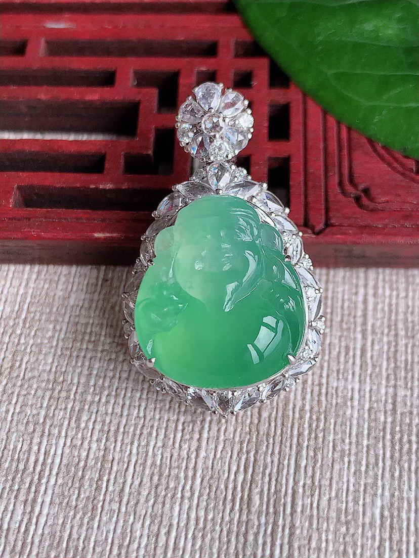 缅甸a货翡翠ddj老坑冰种18K金镶嵌甜绿财神爷吊坠 整体33.8×20.2×13.2裸石18×16.4mm 10.38