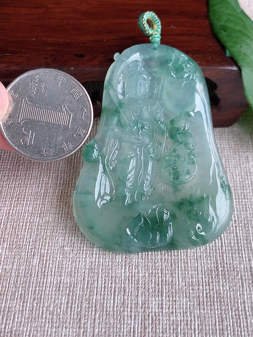 缅甸a货翡翠ddj老坑冰种飘花文殊菩萨吊坠 整体57×42.4×5mm 25.11