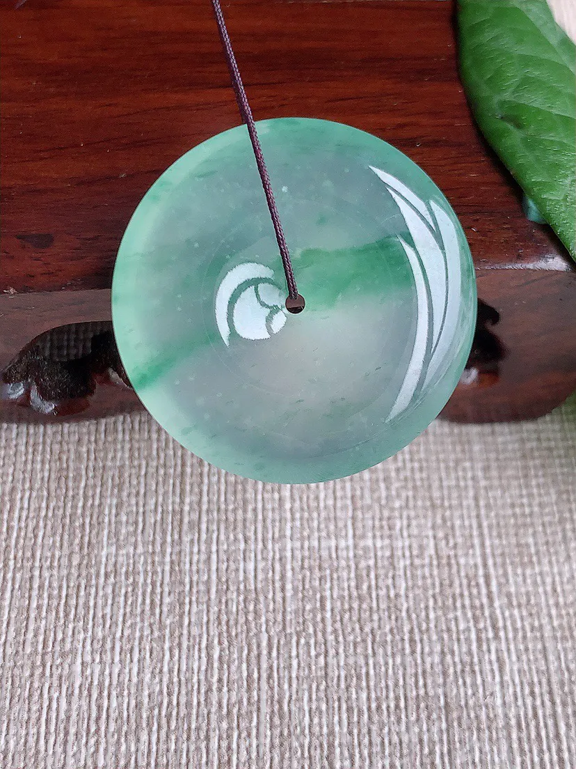 缅甸a货翡翠ddj老坑高冰种冰飘花平安扣吊坠 整体29×6mm 10.40