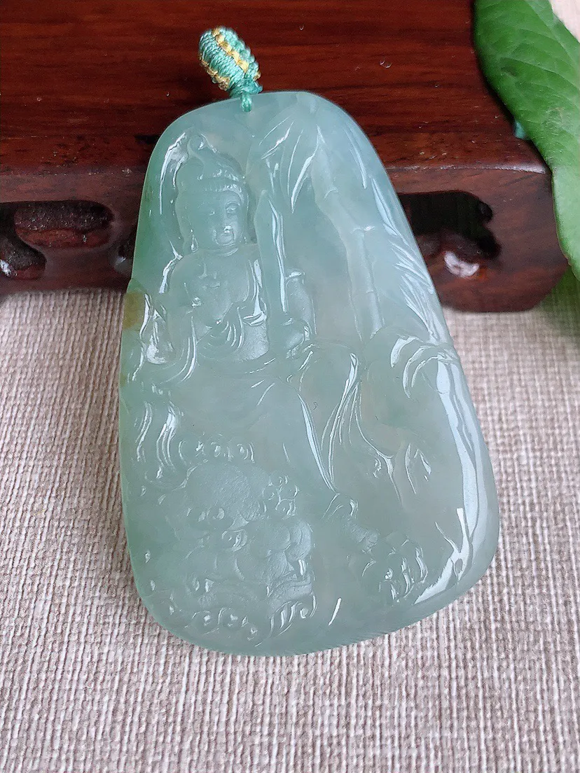 缅甸a货翡翠ddj老坑冰种飘黄翡文殊菩萨吊坠 整体59.7×38.4×5.3mm 26.72