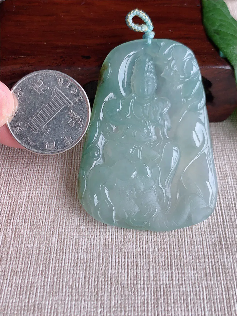 缅甸a货翡翠ddj老坑冰种飘黄翡普贤菩萨吊坠 整体57.2×40.4×4.7mm 24.58