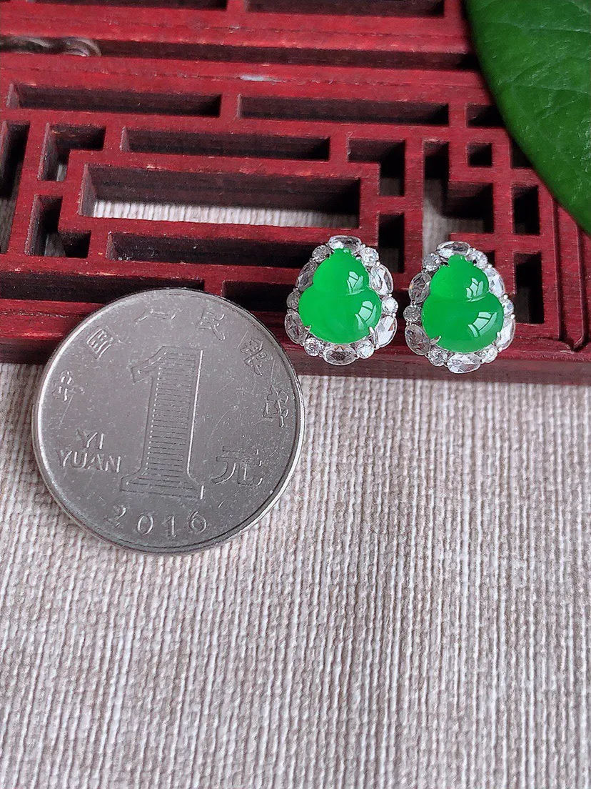 缅甸a货翡翠ddj老坑冰种18K金镶嵌阳绿葫芦耳钉 整体8.2×7mm 2.60