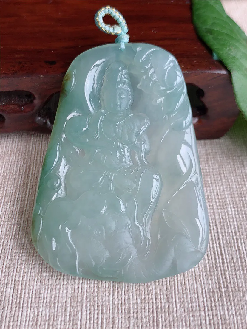 缅甸a货翡翠ddj老坑冰种飘黄翡普贤菩萨吊坠 整体57.2×40.4×4.7mm 24.58