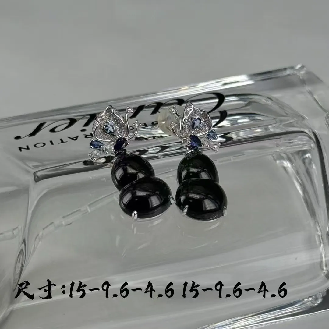 精品18k墨翠葫芦耳坠 种好色正 黑度极好 打灯通透 油性十足