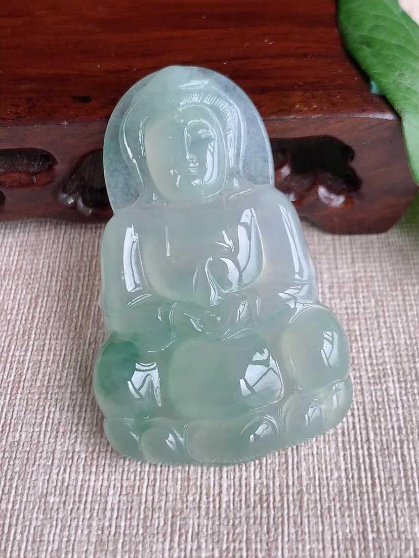 缅甸a货翡翠ddj老坑冰种飘花正装观音吊坠 整体55×34.3×6.2mm 18.33