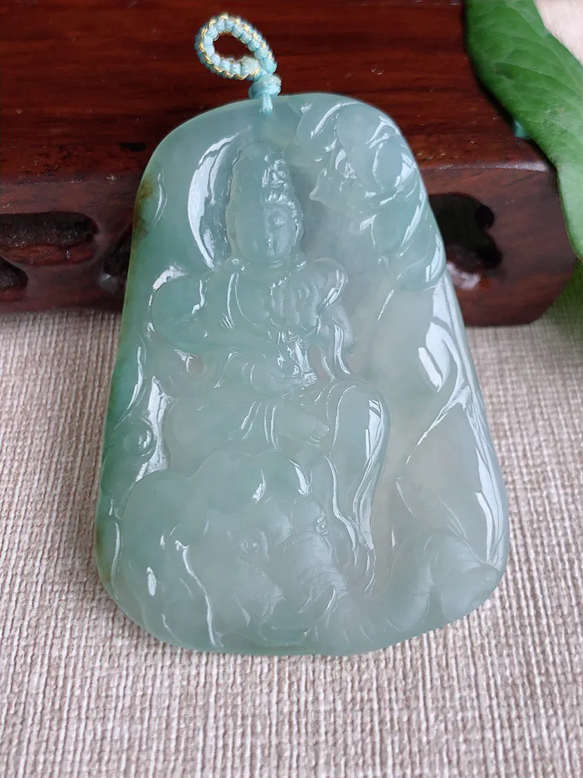 缅甸a货翡翠ddj老坑冰种飘黄翡普贤菩萨吊坠 整体57.2×40.4×4.7mm 24.58