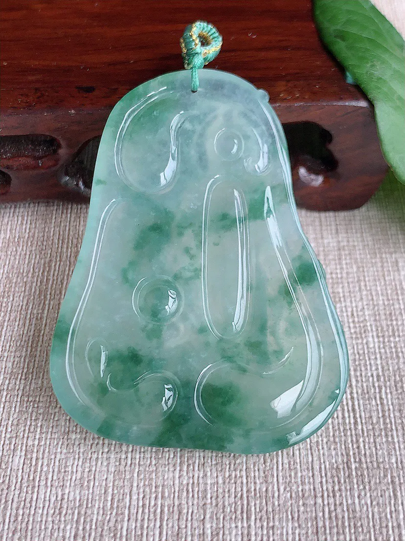 缅甸a货翡翠ddj老坑冰种飘花文殊菩萨吊坠 整体57×42.4×5mm 25.11