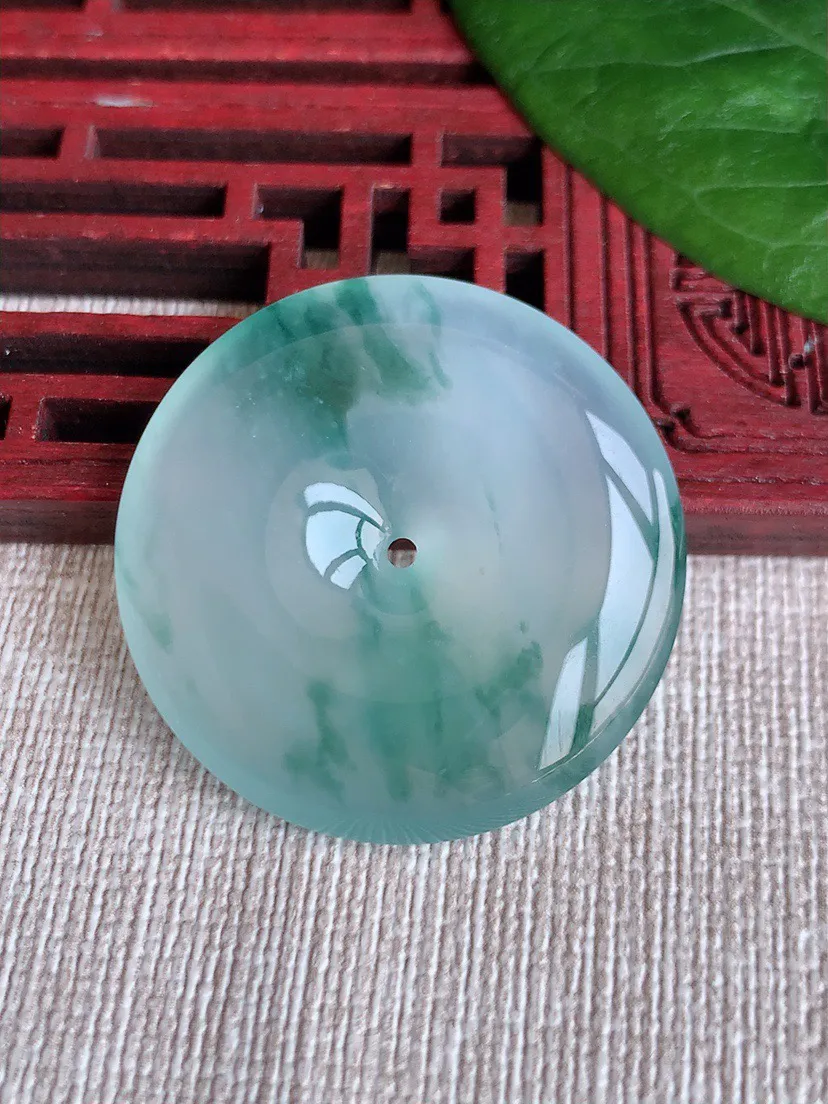 缅甸a货翡翠ddj老坑高冰种飘花平安扣吊坠 整体32×6.2mm 13.33