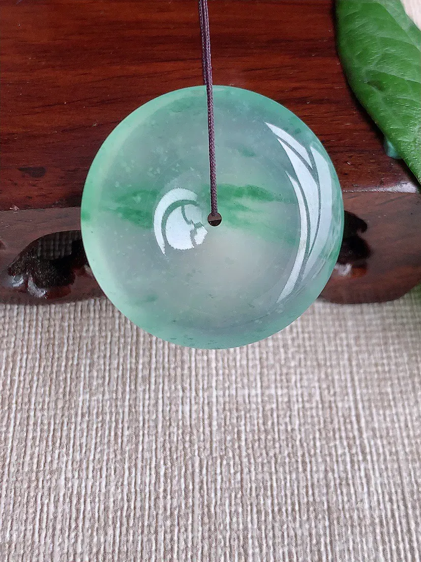 缅甸a货翡翠ddj老坑高冰种冰飘花平安扣吊坠 整体29×6mm 10.40