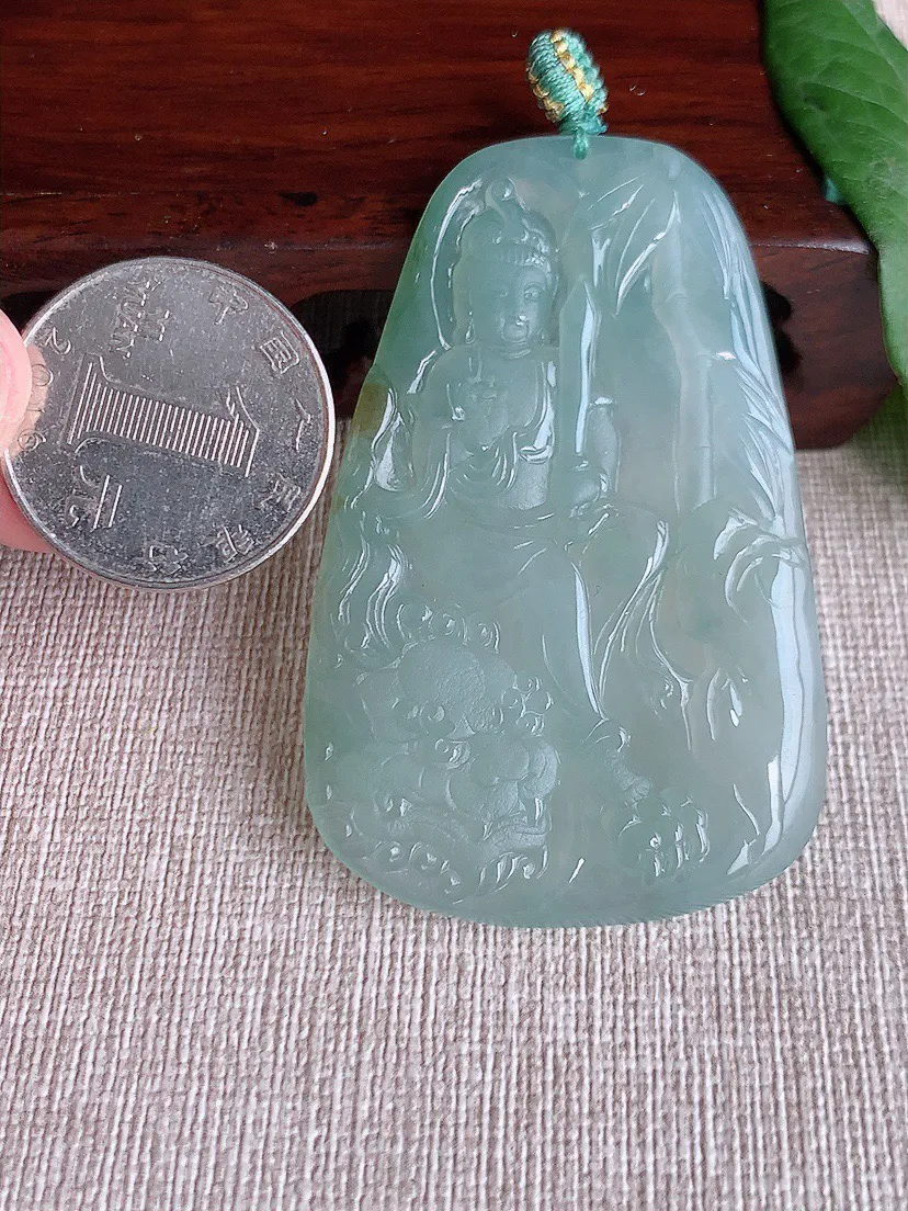 缅甸a货翡翠ddj老坑冰种飘黄翡文殊菩萨吊坠 整体59.7×38.4×5.3mm 26.72