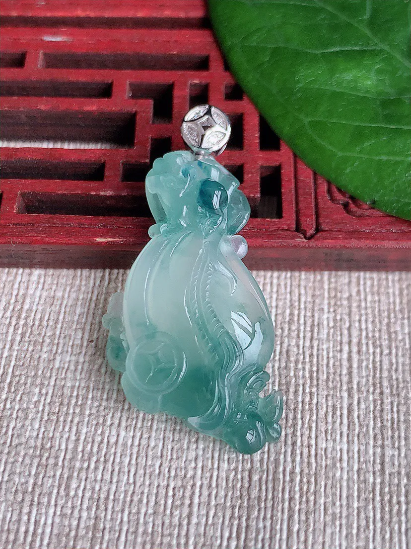 缅甸a货翡翠ddj老坑冰种18K金扣头飘花福袋代代有钱吊坠 整体39.5×32.8×18.2×7.5