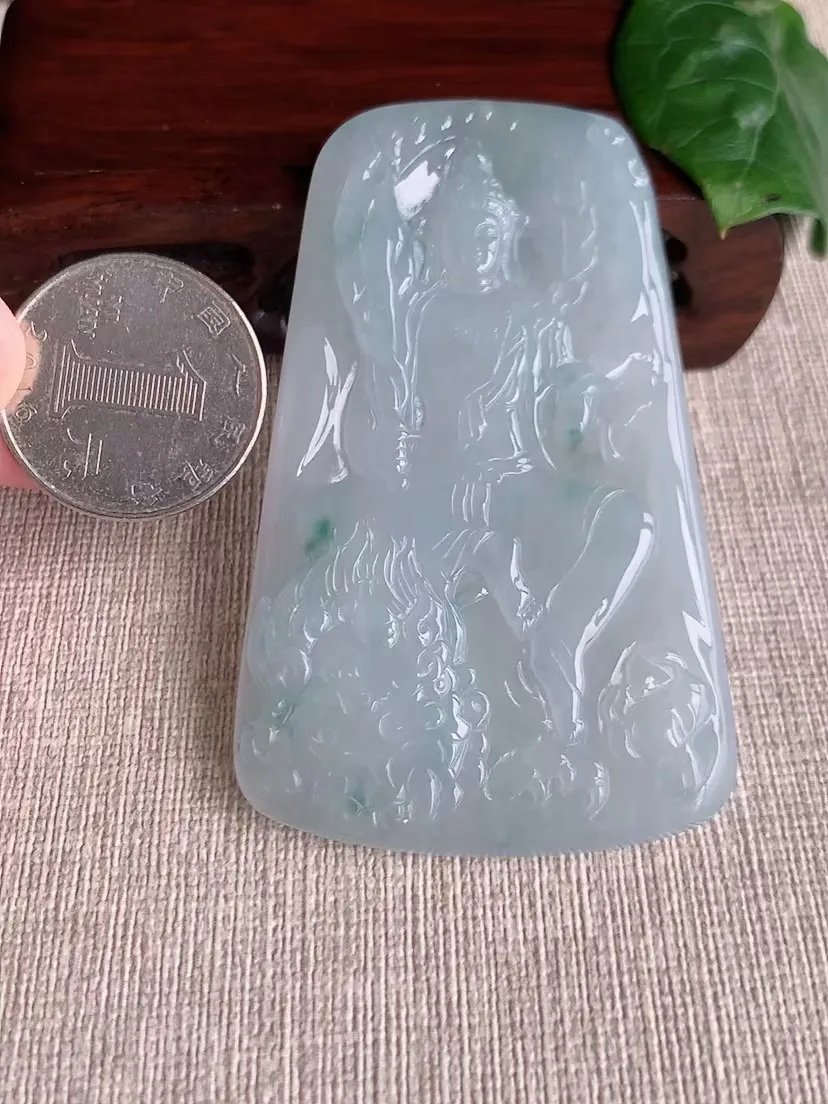 天然A货翡翠飘花文殊菩萨吊坠尺寸72.5×44.7×5.5m量42.69g 0406